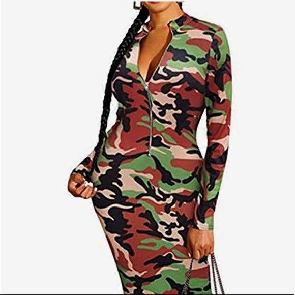 🎉3 For $20 Or $8 Each Camo Printed Zipper Neck Knit Bodycon Midi Dresses - Picture 3 of 9